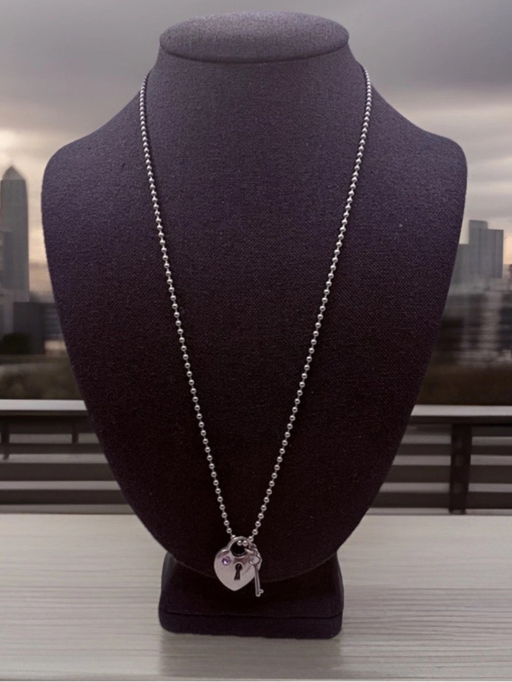 Vintage Retro Heart Lock & Key Pendant Necklace Ball Chain Pink Rhinstone 24”